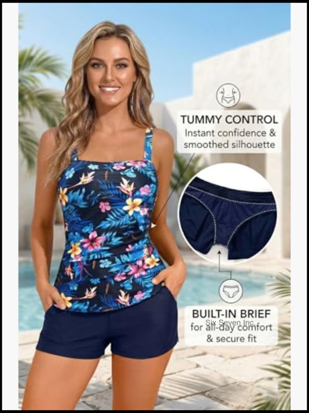 Tankini Swimsuit with Shorts - Two Piece Tummy Control Bathing Suit Top with - Picture 3 of 7